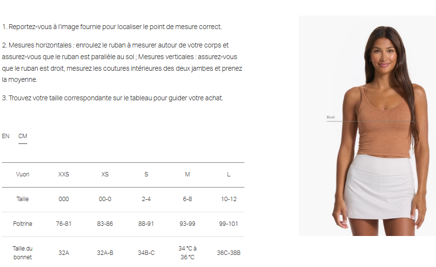 Guide des tailles desktop - Vuori Camisole Energy