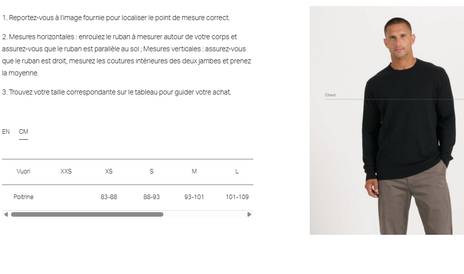 Guide des tailles desktop - Vuori T-Shirt ML Strato Tech
