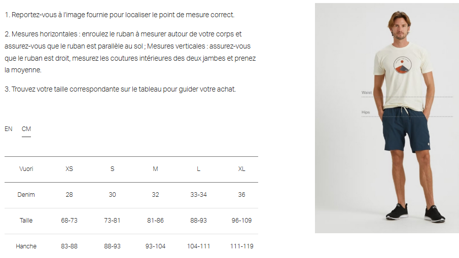 Guide des tailles desktop - Vuori Pantalon Ponto Performance