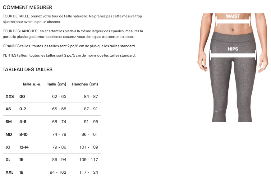 Guide des tailles desktop - Under Armour Legging Launch Ankle