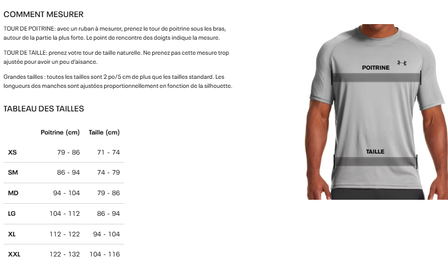 Guide des tailles desktop - Under Armour Coton Ouaté Rival