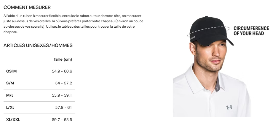Guide des tailles desktop - Under Armour Casquette Blitzing