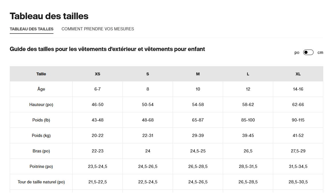 Guide des tailles desktop - Burton Polar Anorak Cinder Enfant (6 à 16 ans)