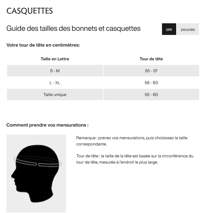 Guide des tailles desktop - Arc'Teryx Casquette Gamma Five Pannel