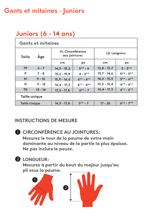 Guide des tailles desktop - Kombi Mitaines Imperméables Doublées Drop Junior (6 à 14 ans)