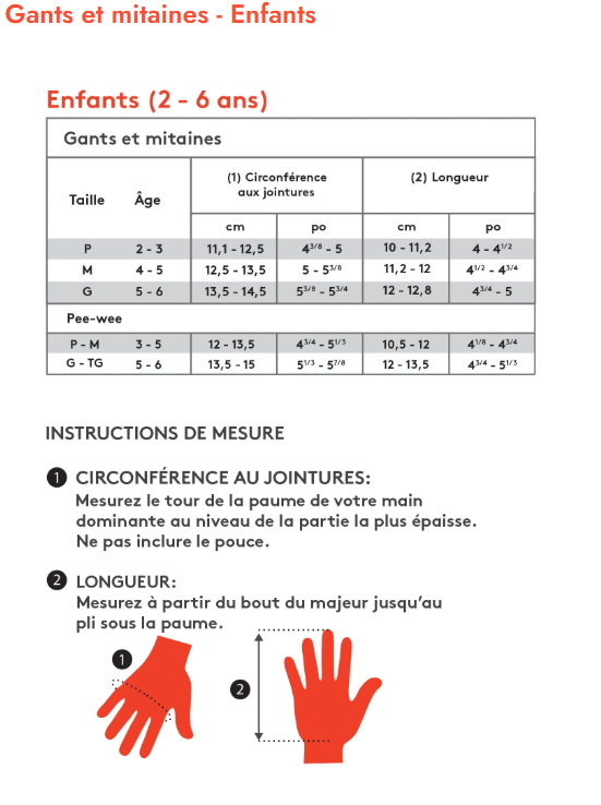 Guide des tailles desktop - Kombi Mitaines Imperméables Doublés (2 à 6 ans)