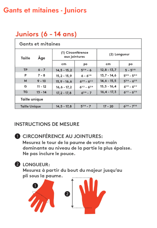Guide des tailles desktop - Kombi Mitaines Yolo Primaloft Junior (6 à 14 ans)