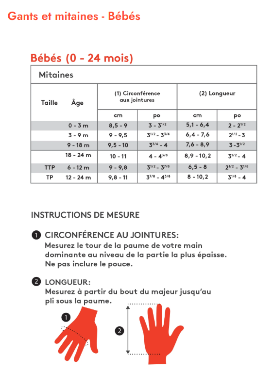 Guide des tailles desktop - Kombi Mitaines Baby Bear à Longues Manchettes