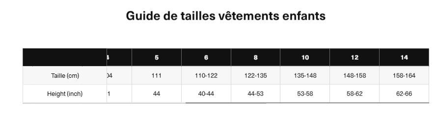 Guide des tailles desktop - Picture Pantalon de Neige Ninge Bib Junior (6 à 14 ans)