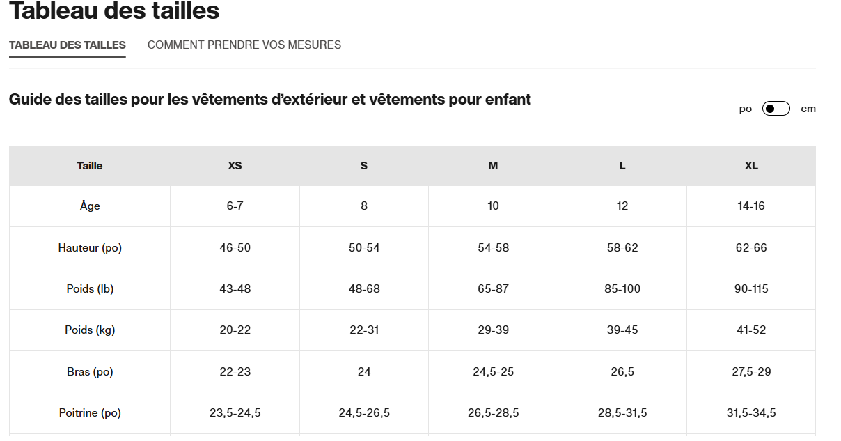 Guide des tailles desktop - Burton Coton-Ouaté Oak pour Enfant (6 à 16 ans)