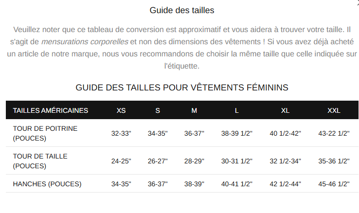 Guide des tailles desktop - Orb Camisole Leanne