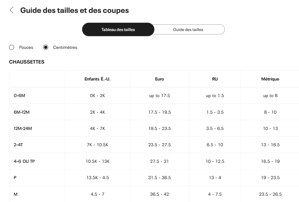 Guide des tailles desktop - Under Armour Bas UA Essentiel 6 paires (10.5 à 7)