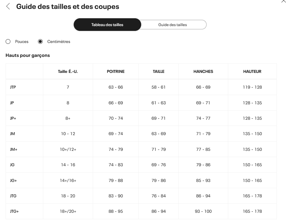 Guide des tailles mobile - Under Armour T-Shirt Logo Wordmark (7 à 18 ans)