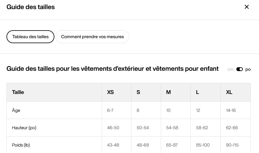 Guide des tailles desktop - Burton Une-Pièce Isolée (6 à 16 ans)