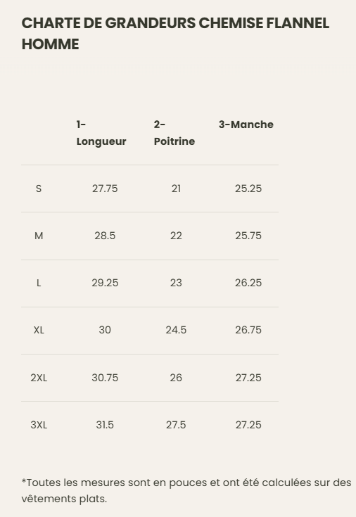 Guide des tailles desktop - Hooké Chemise Canvas
