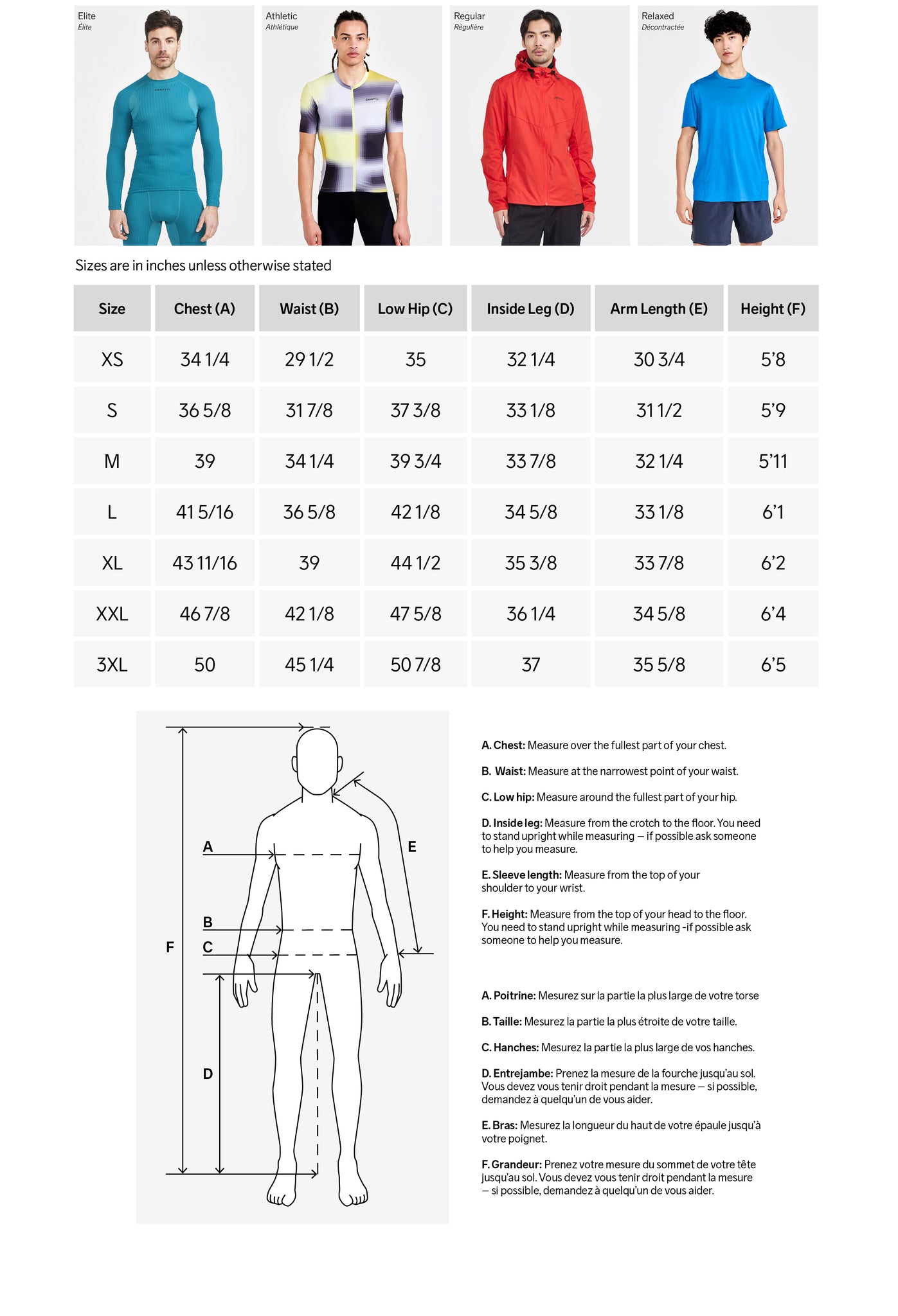 Guide des tailles desktop - Craft Veste Adv Pursuit Thermal