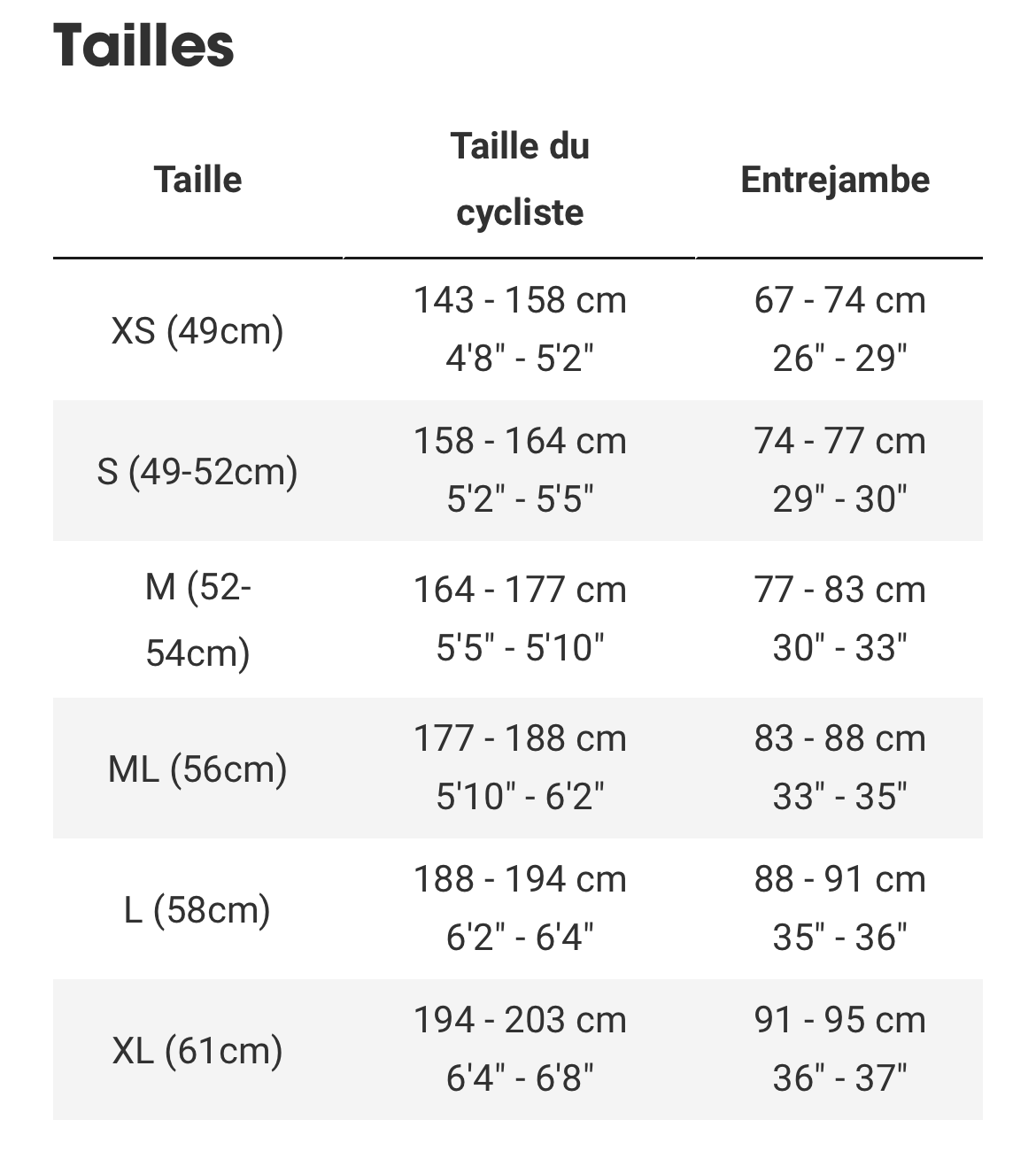 Guide des tailles mobile - Trek FX+ 1 Midstep