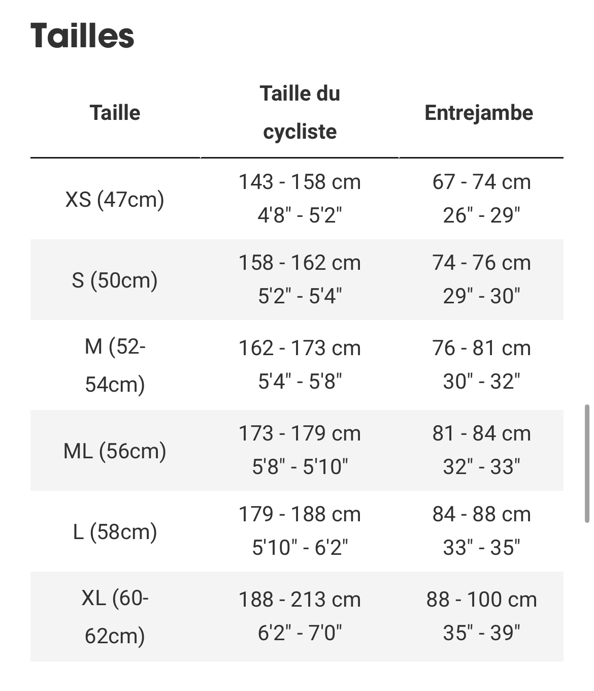 Guide des tailles mobile - Trek Madone SL 6 AXS 8e gén.