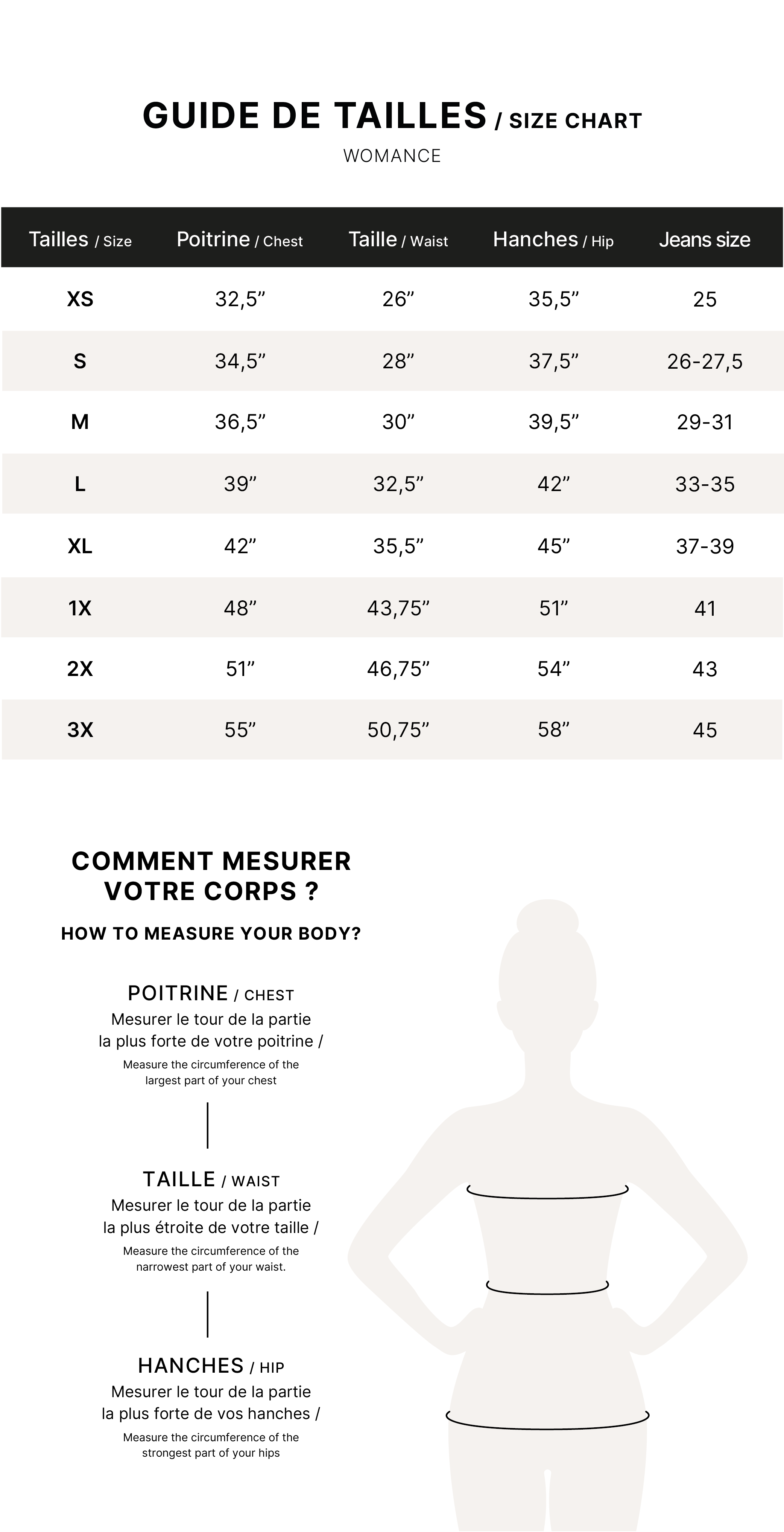 Guide des tailles desktop - Womance Camisole 9170