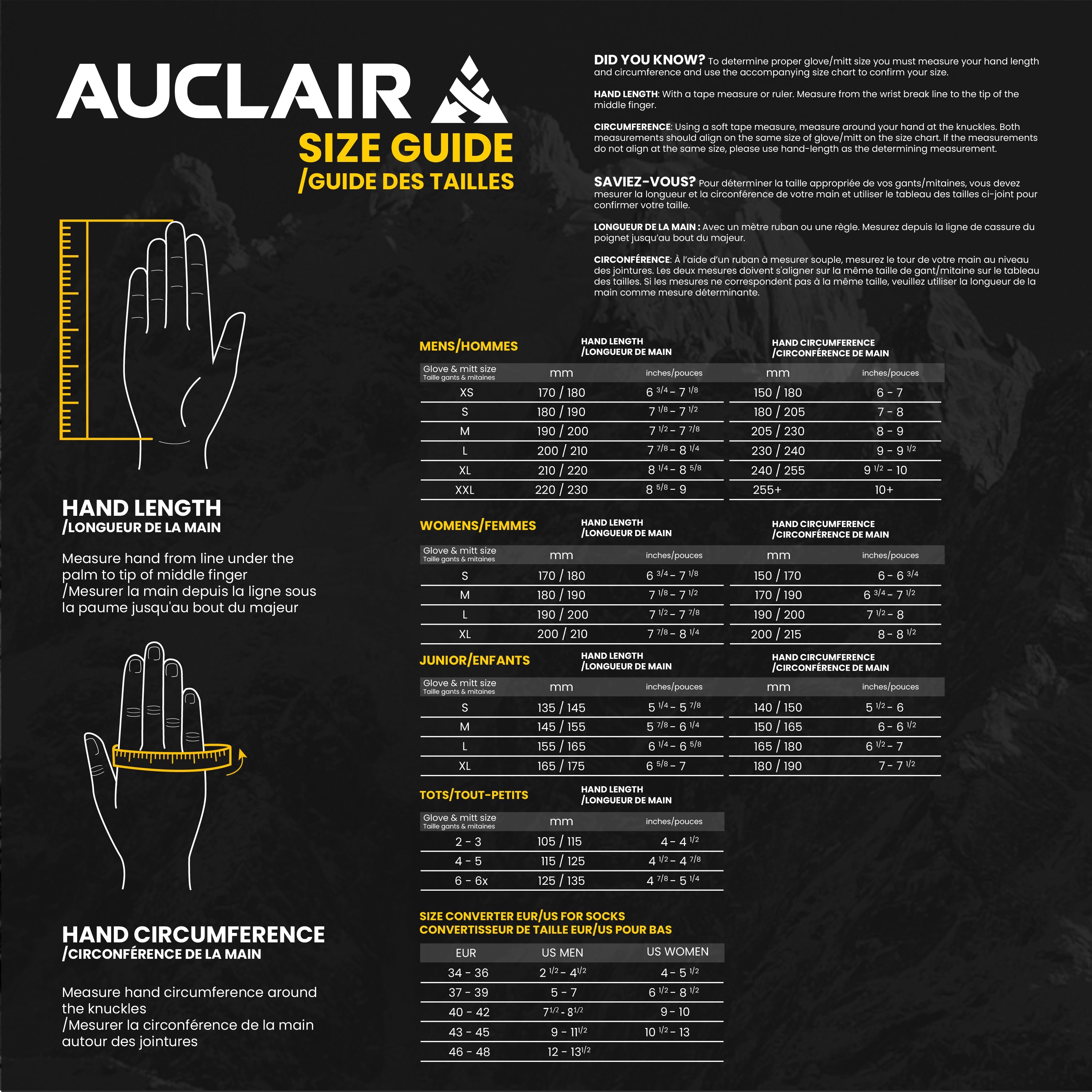 Guide des tailles desktop - Auclair Mitaines Rec Hybrid XC (Unisexe)