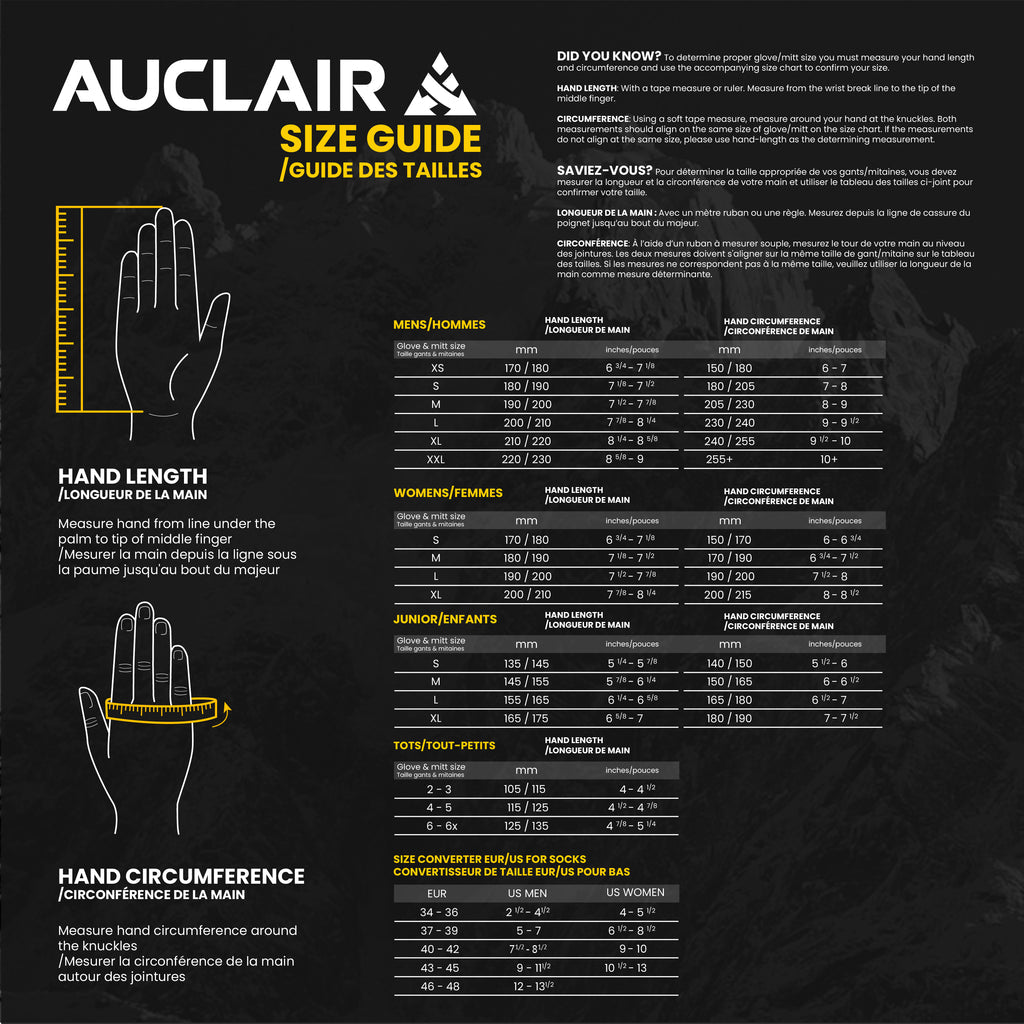 Guide des tailles desktop - Auclair Gants Softee 4 (Unisexe)