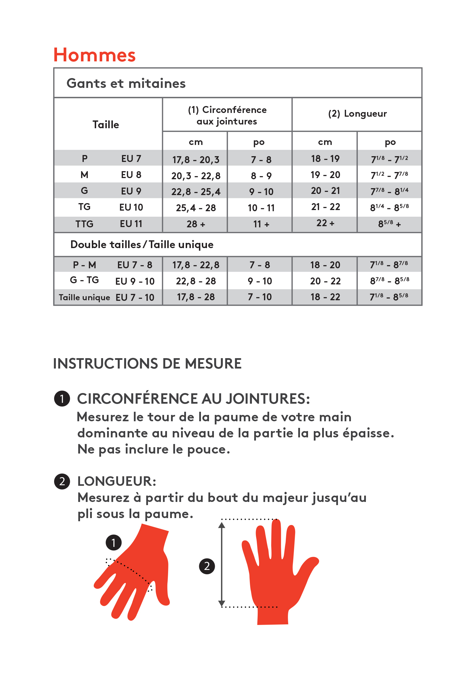 Guide des tailles desktop - Kombi Mitaines Timeless Gore-Tex (Homme)